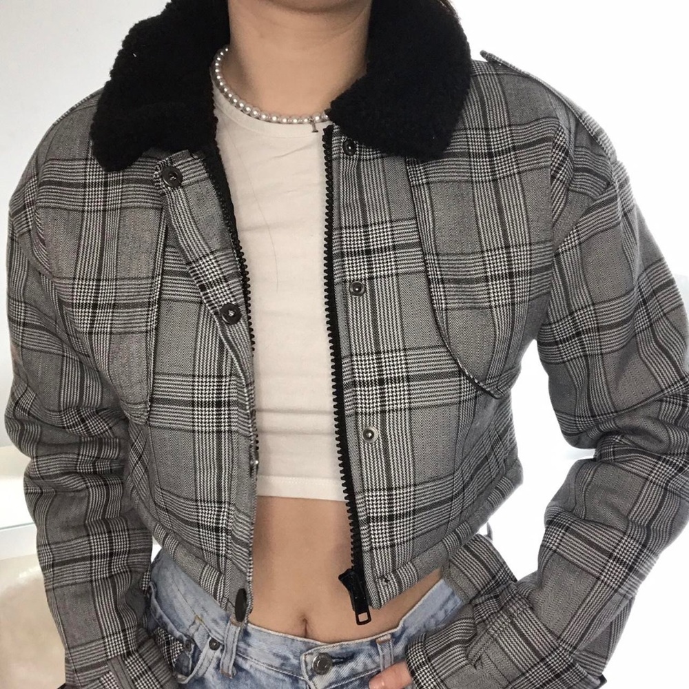 Missguided sherpa lined crop furry checkered checked jacket coat y2k 90s vintage